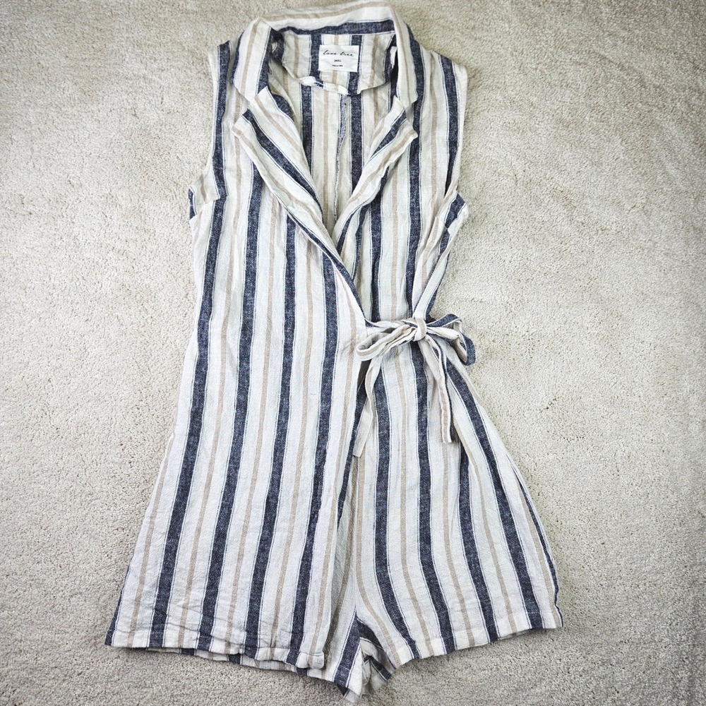 Love‎ Tree Striped Sleeveless Linen Romper Women's Small Blue Beige White Casual